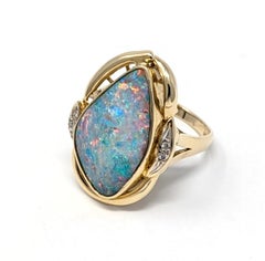 14k Opal Diamond Ring Large Statement Signed 585 Solid Yellow Gold Us Size 9.25