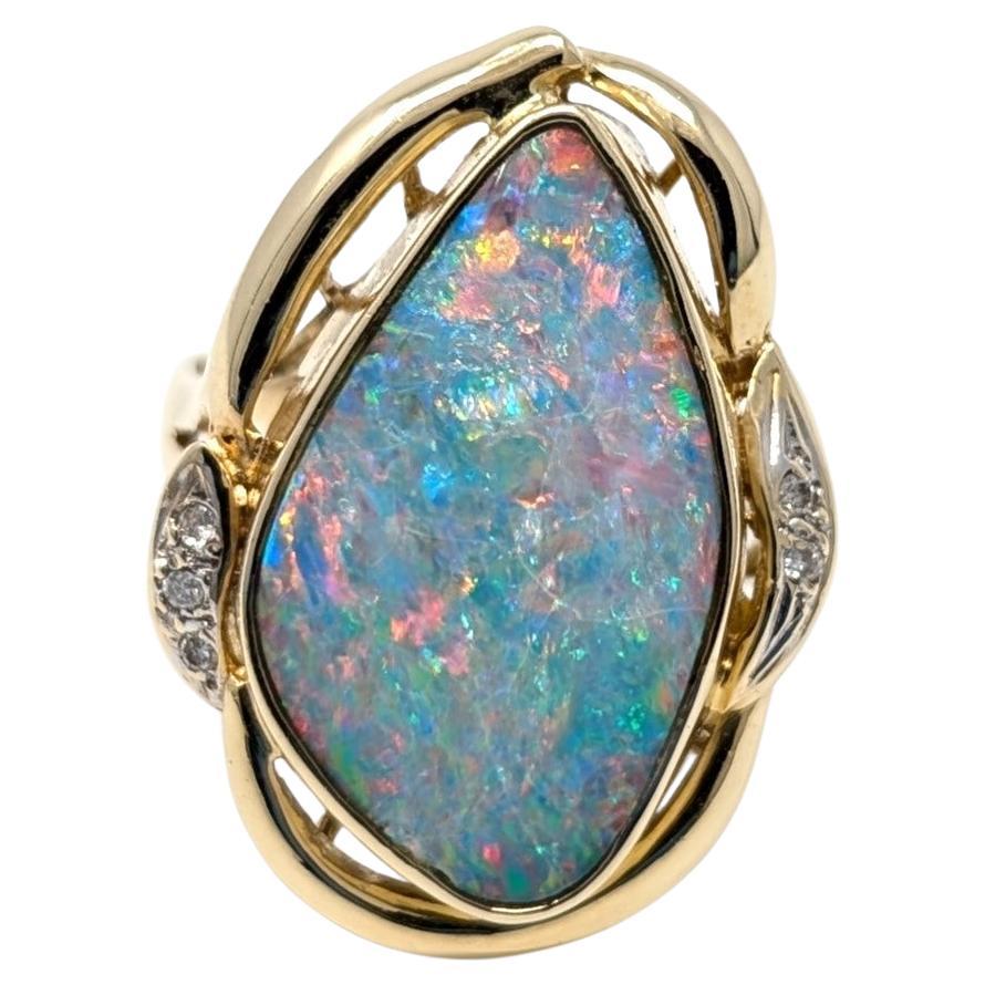 14k Opal Diamond Ring Large Statement Signed 585 Solid Yellow Gold Us Size 9.25 For Sale