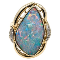 Vintage 14k Opal Diamond Ring Large Statement Signed 585 Solid Yellow Gold Us Size 9.25