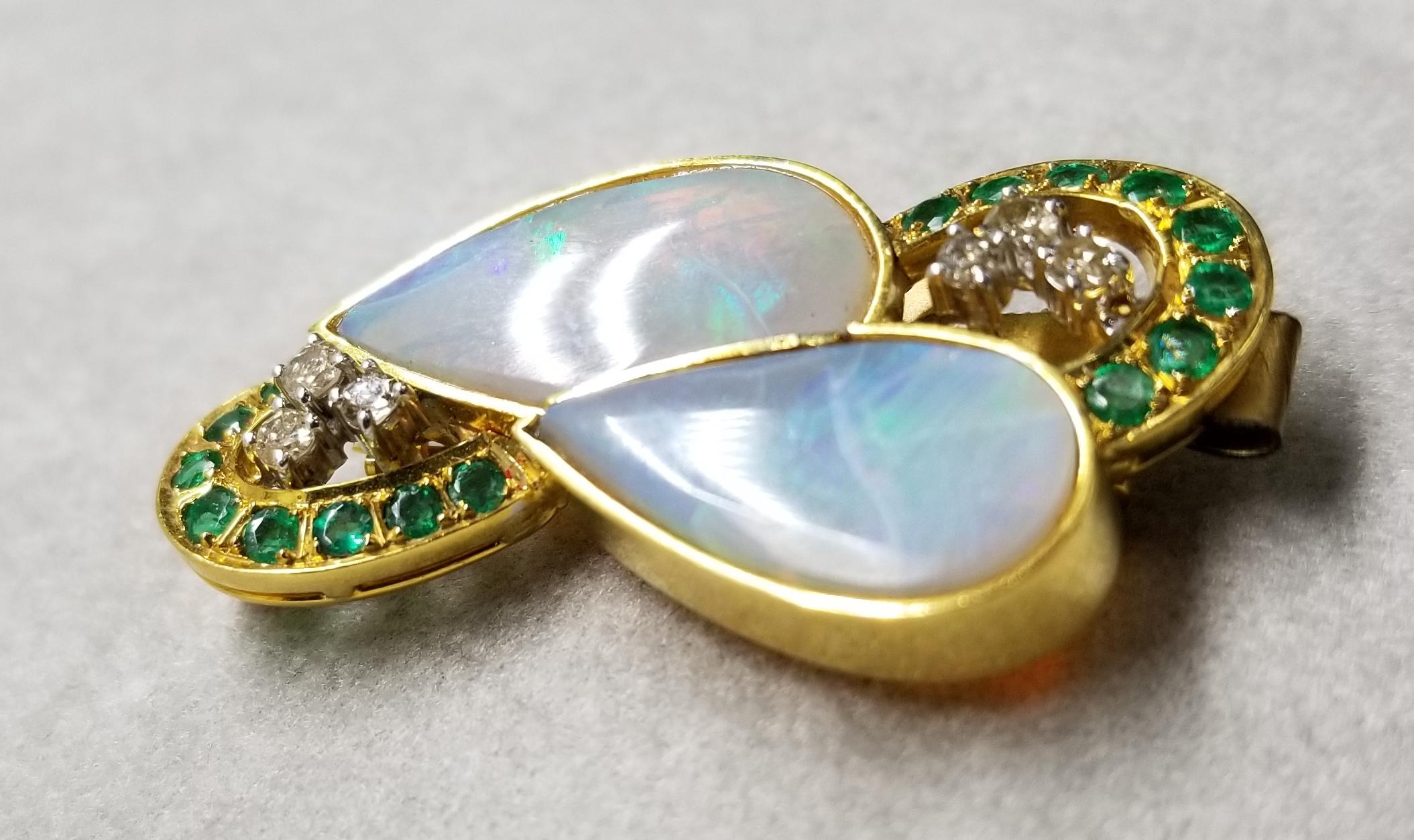Contemporary 14 Karat Opal Pin/Pendant with Diamonds and Emeralds For Sale