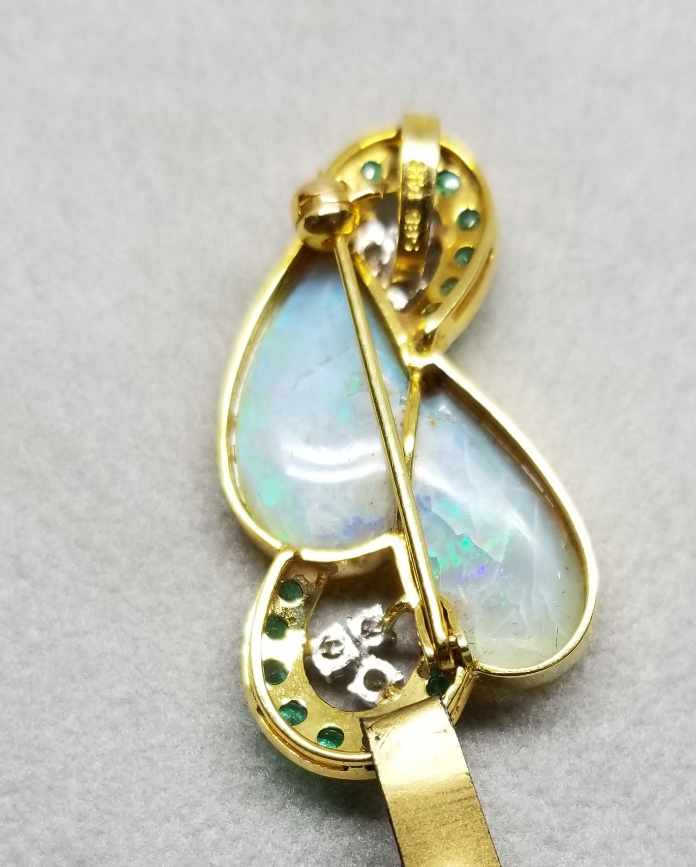 Pear Cut 14 Karat Opal Pin/Pendant with Diamonds and Emeralds For Sale