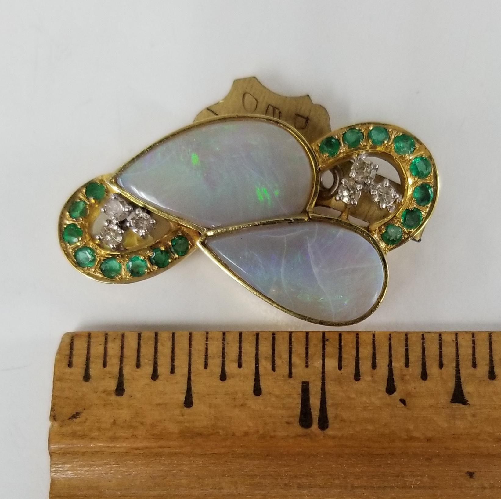 Women's or Men's 14 Karat Opal Pin/Pendant with Diamonds and Emeralds For Sale