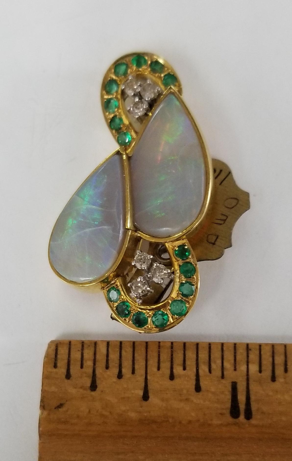 14 Karat Opal Pin/Pendant with Diamonds and Emeralds For Sale 1