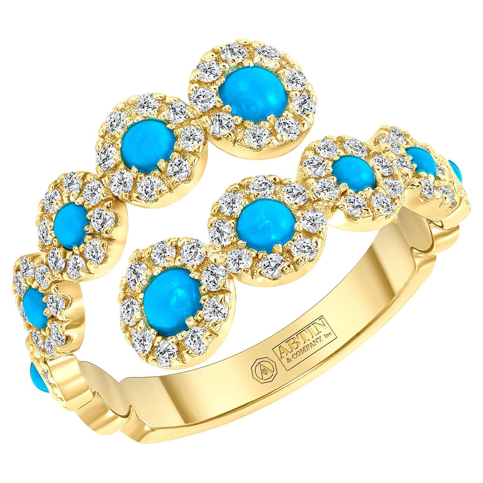 14K Open Bypass Diamond & Turquoise Ring  For Sale