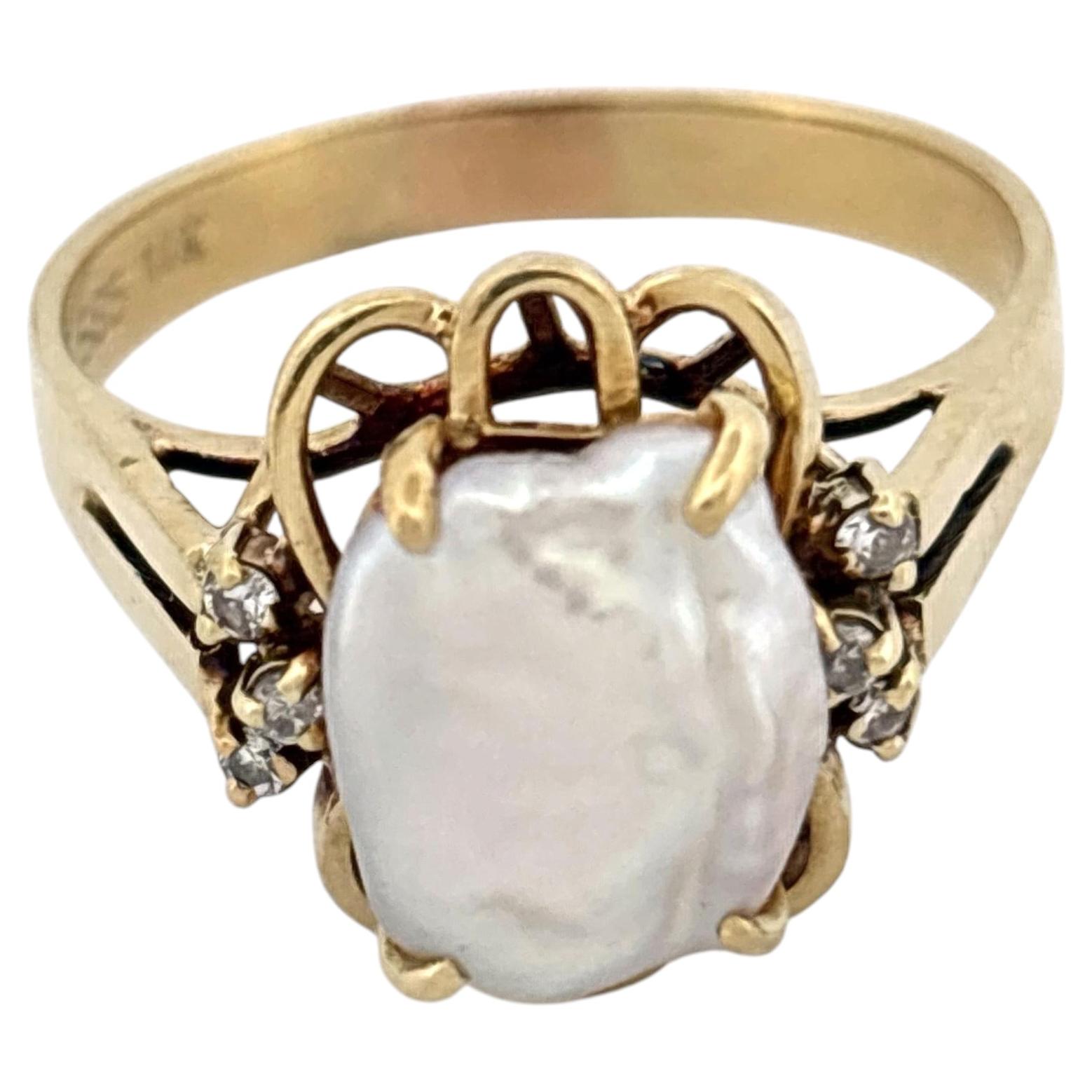 Vintage 14K Gelbgold Perlenring mit Diamant-Akzenten