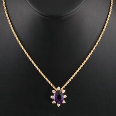 14K Oval Amethyst and Brilliant Diamond French Rope Necklace