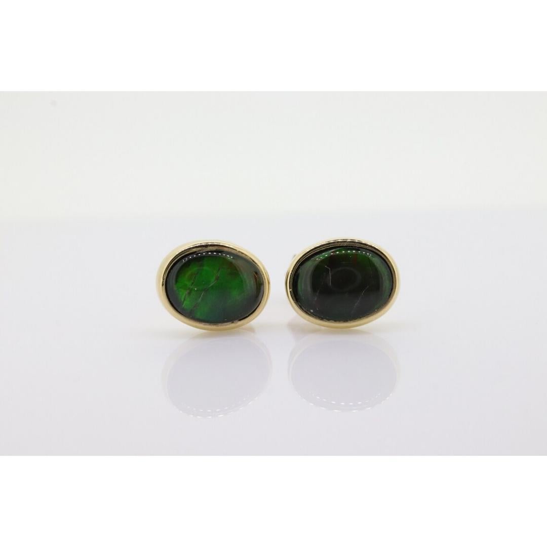 14k Oval Bezel Set Ammolite Earrings. Ammolite Fossil stud Earrings. In Good Condition For Sale In Port Charlotte, FL
