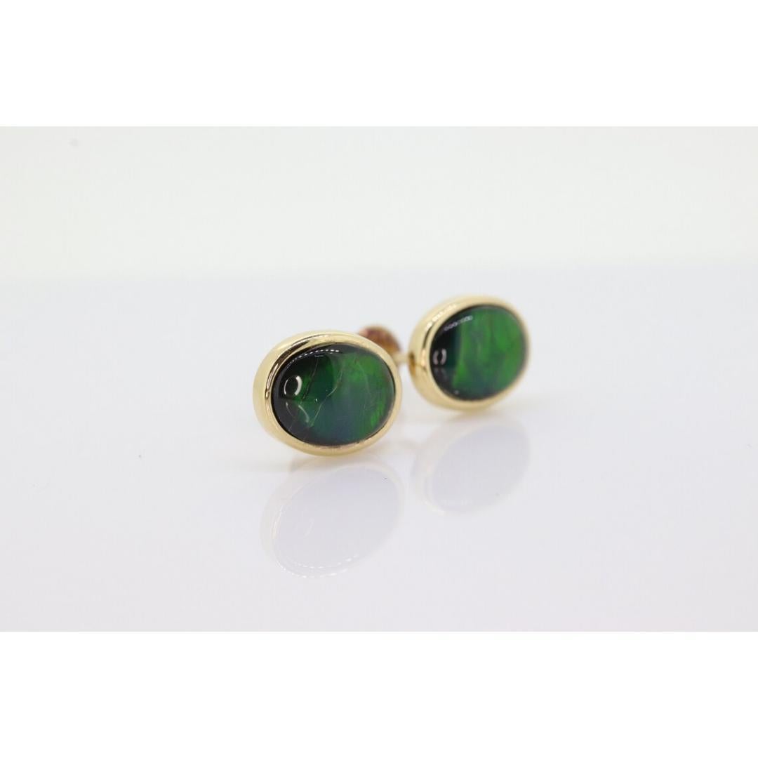 Women's 14k Oval Bezel Set Ammolite Earrings. Ammolite Fossil stud Earrings. For Sale