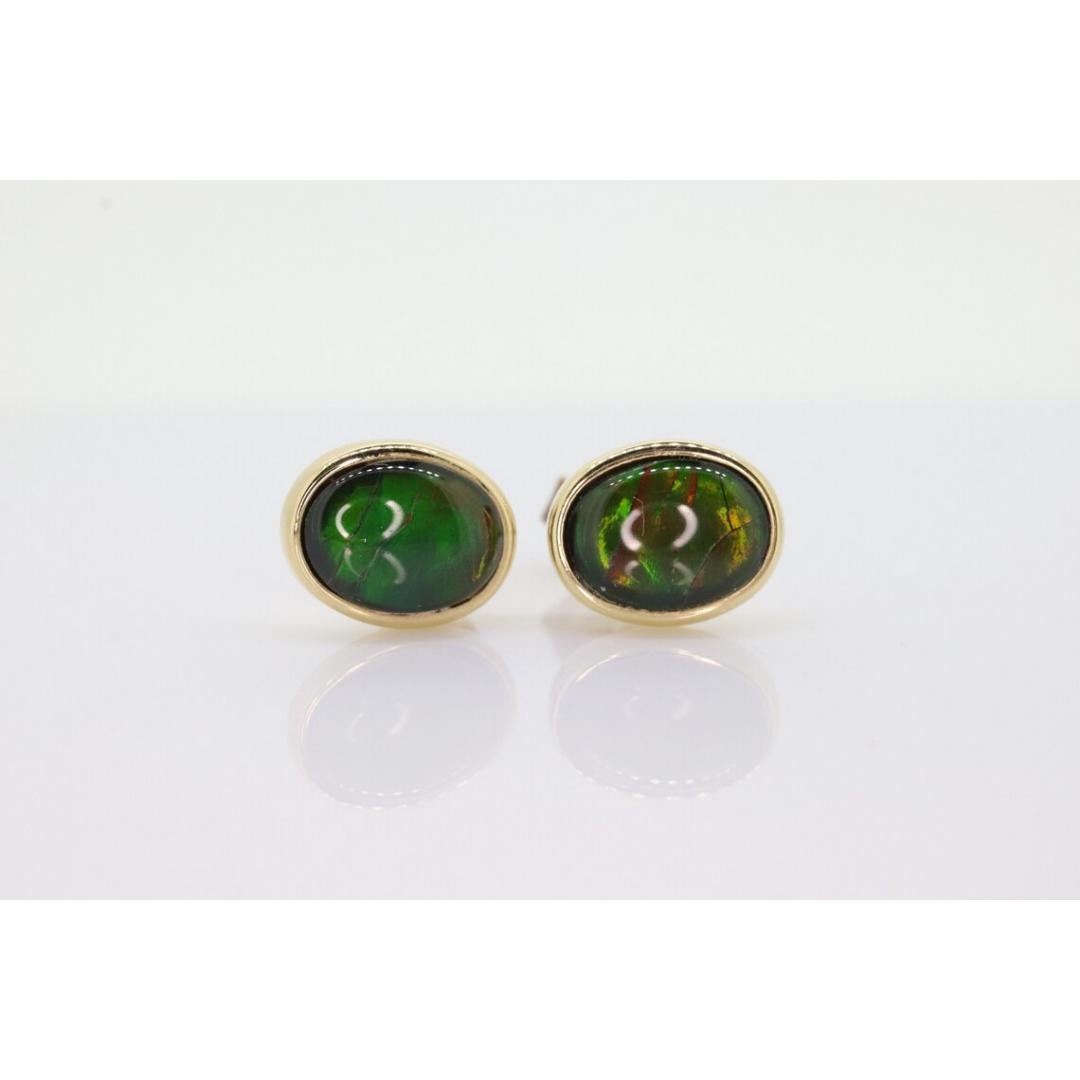 14k Oval Bezel Set Ammolite Earrings. Ammolite Fossil stud Earrings. For Sale 1