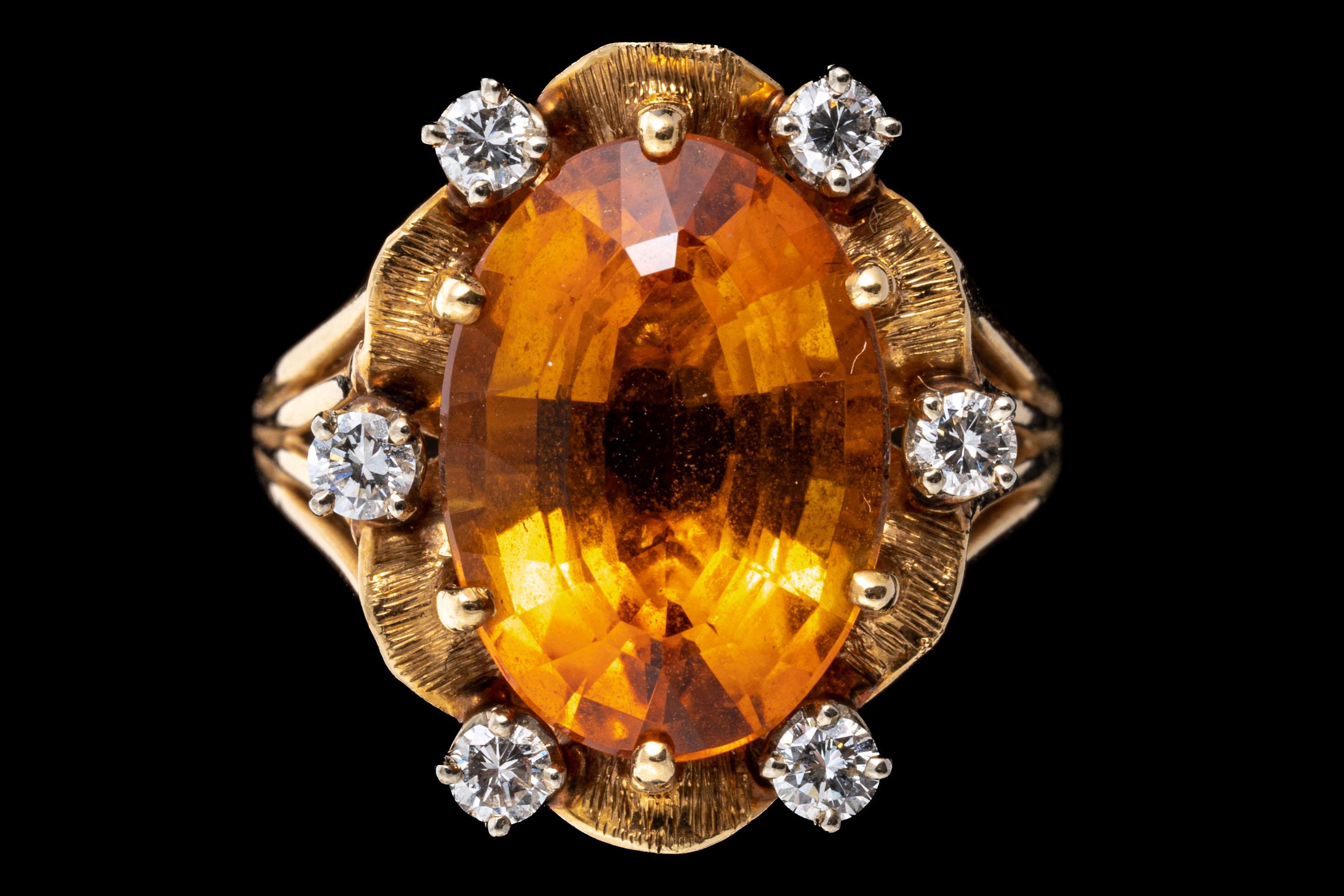 Retro 14k Oval Citrine 'App. 5.10 CTS' And Diamond Scalloped Framed Ring For Sale