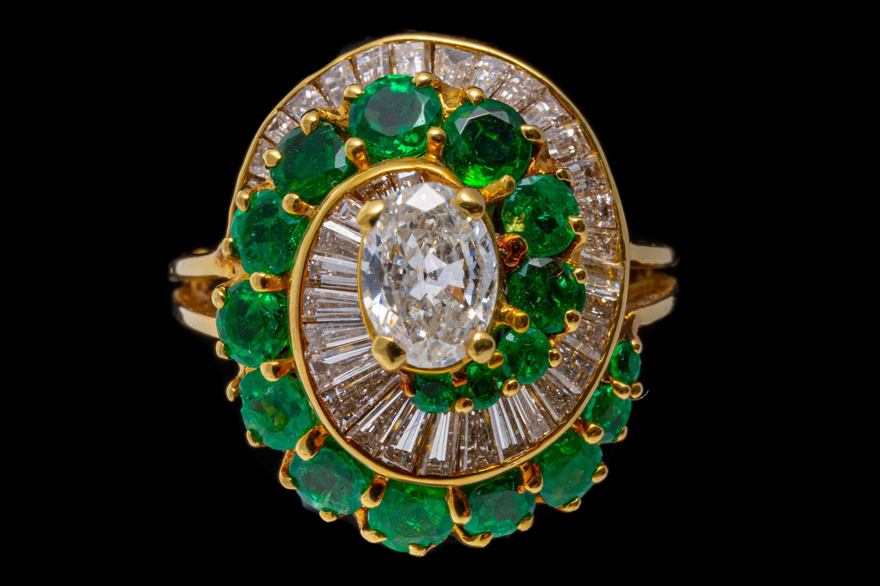 14k Oval Diamond and Emerald and Diamond Spiral Cluster Ring For Sale 2
