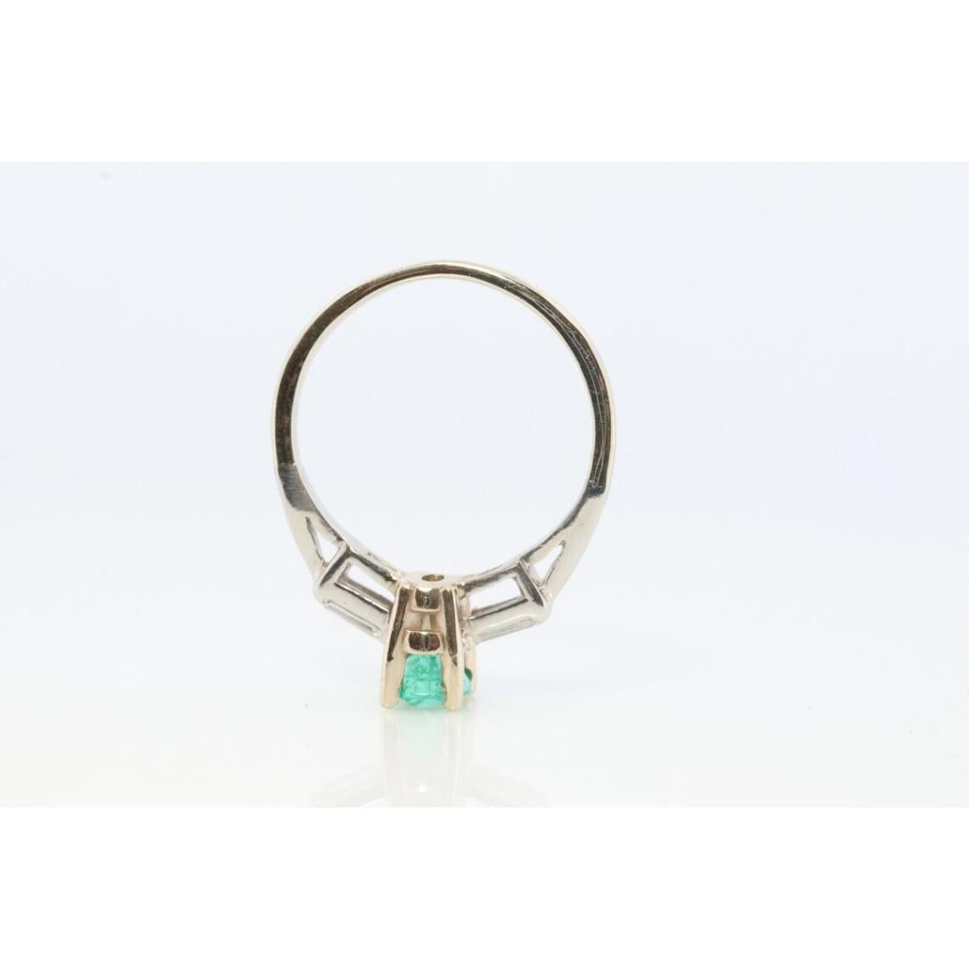 14k Oval Emerald and Baguette diamond ring. 14k white gold Green Emerald For Sale 2