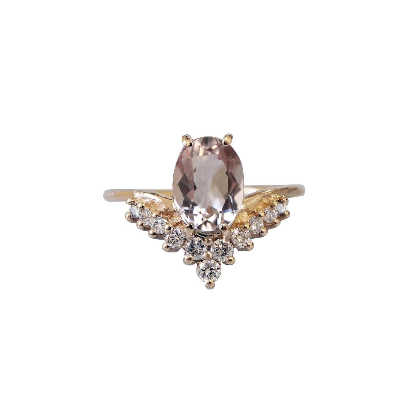 Contemporary 8x6MM Oval Morganite Diamond Yellow Gold Engagement Ring For Sale