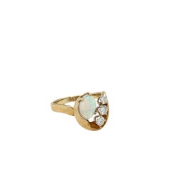 Vintage Oval Opal Diamond Swirl Free form Ring 14k Yellow Gold