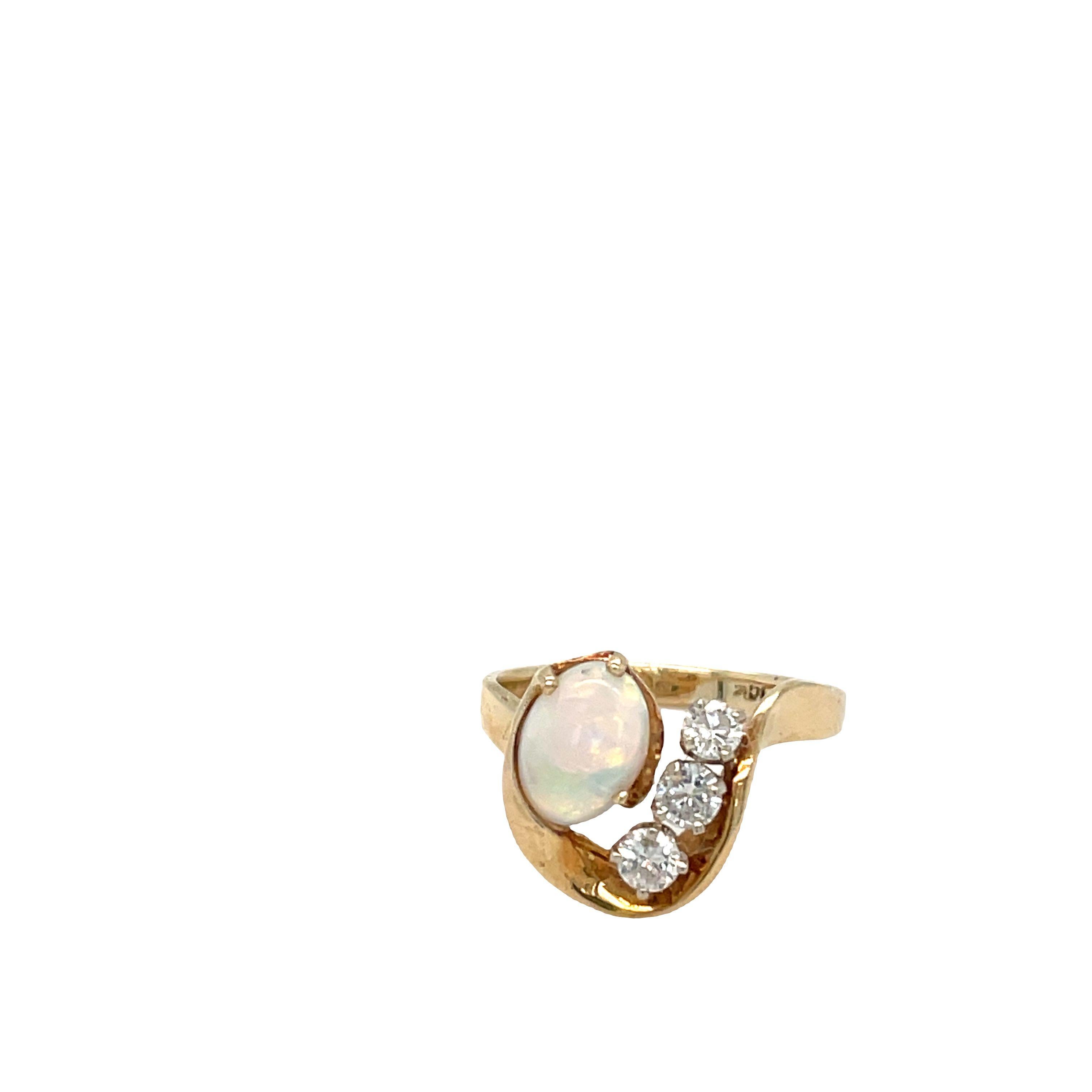 Artisan Vintage Oval Opal Diamond Swirl Free form Ring 14k Yellow Gold For Sale