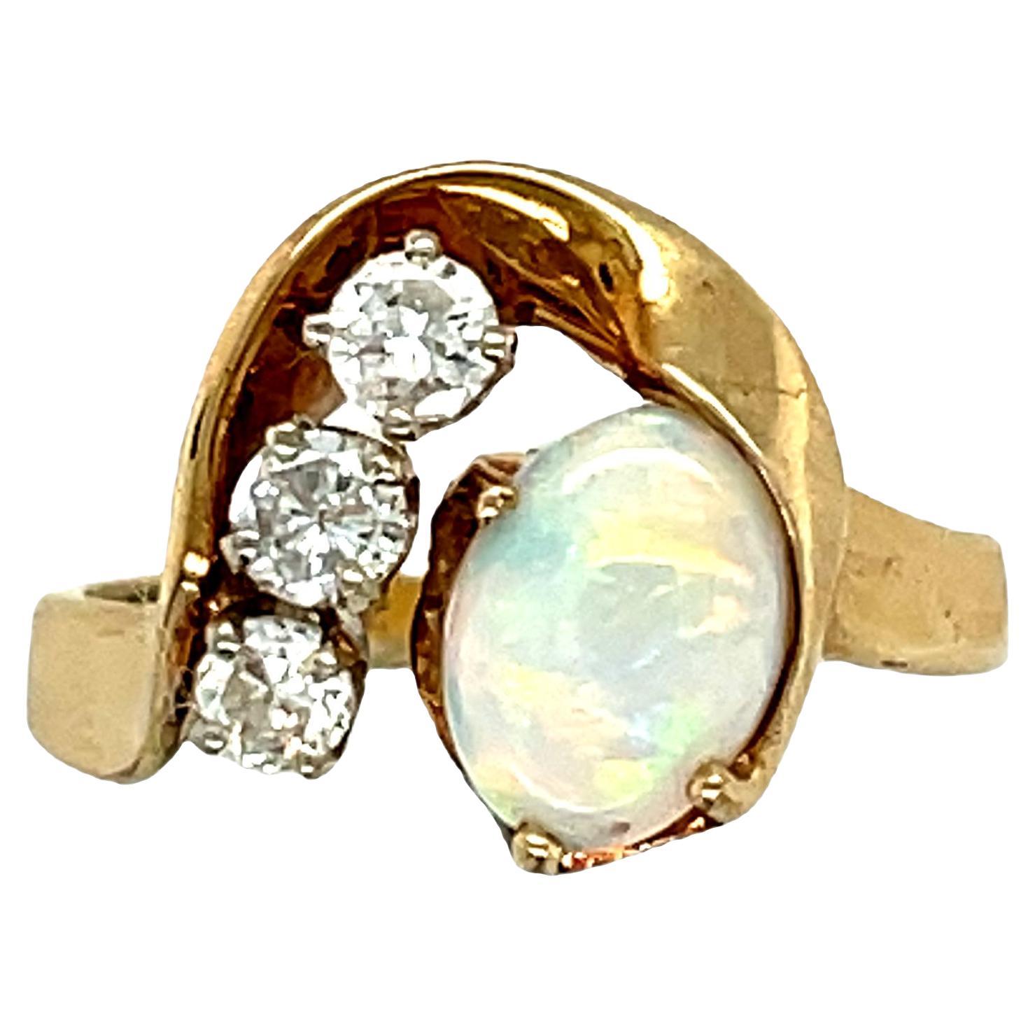Vintage Oval Opal Diamond Swirl Free form Ring 14k Yellow Gold For Sale