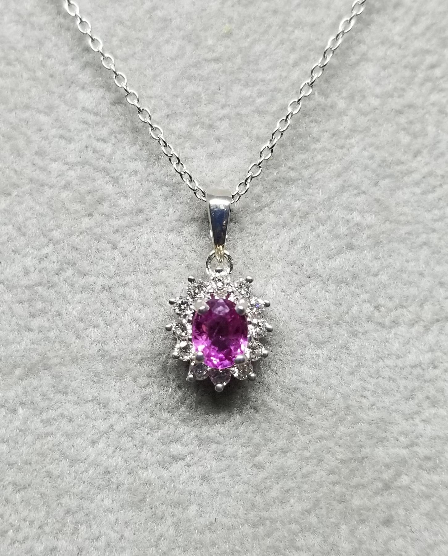 Contemporary 18 Karat Oval Pink Sapphire and Diamond Pendant For Sale