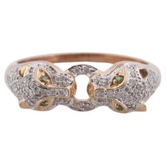 Anillo de diamantes Pantera Leopardo Jaguar Guepardo 14k. Doble con incrustaciones de diamantes