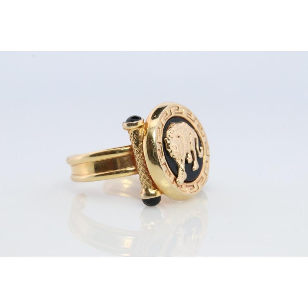 14k Panther Leopard Jaguar Cheetah Onyx ring. Etruscan Revival Onyx Adjustable For Sale 1