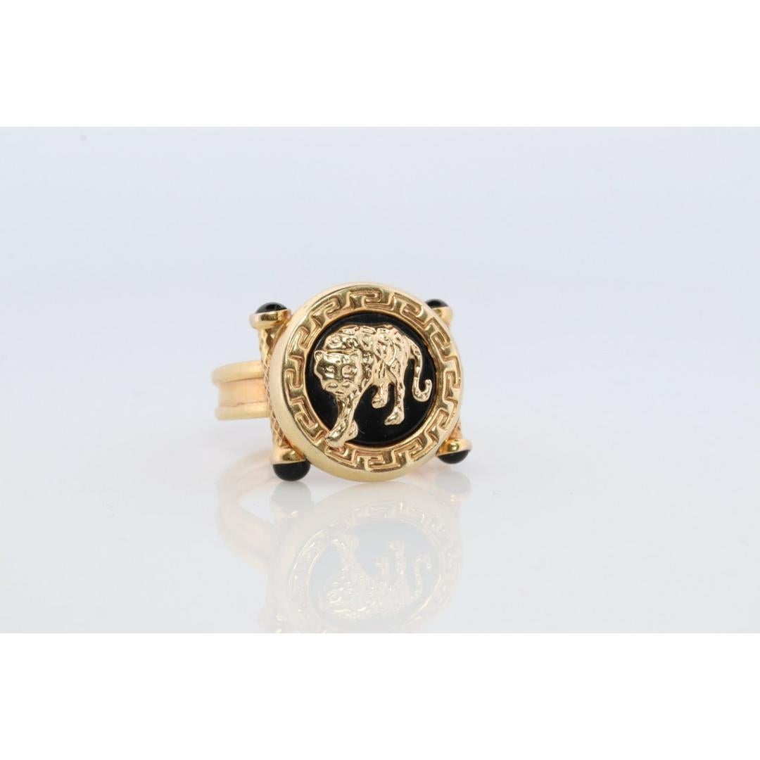 14k Panther Leopard Jaguar Cheetah Onyx ring. Etruscan Revival Onyx Adjustable For Sale 2