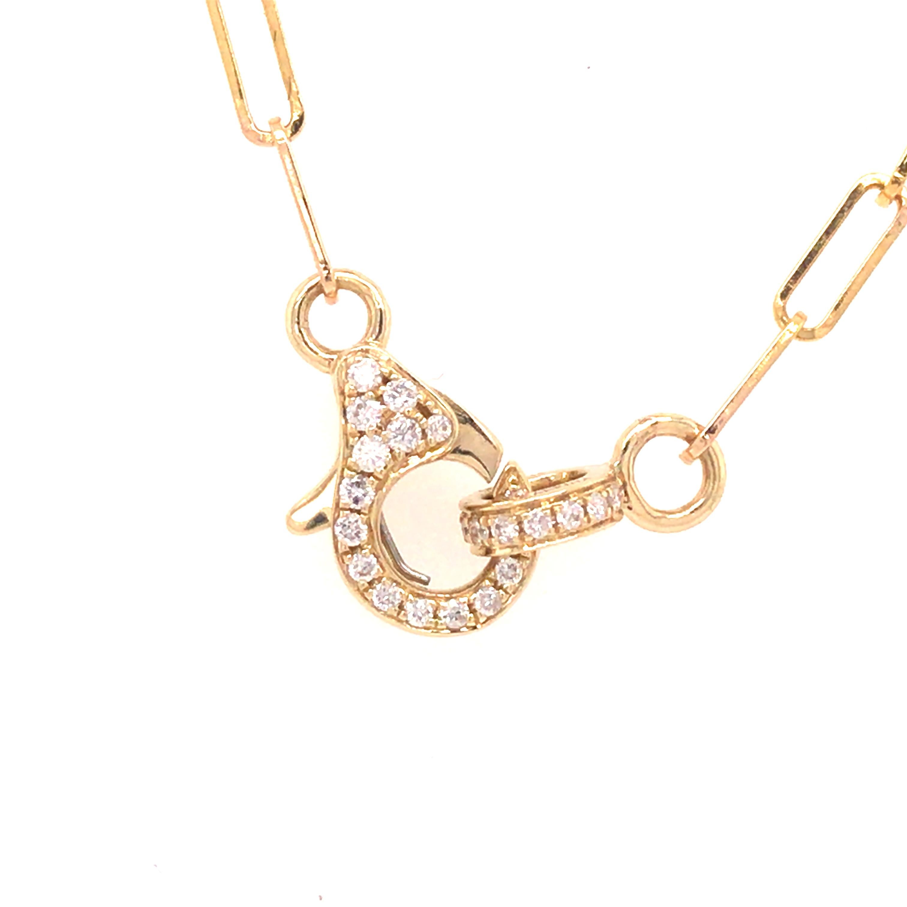 Paperclip Necklace with Pave Diamond Lobster Clasp in 14K Yellow Gold.  (46) Round Brilliant Cut Diamonds weighing .15 carat total weight, G-H in color and VS in clarity are expertly set.  The Necklace measures 16 inch in length.  3.26 grams.