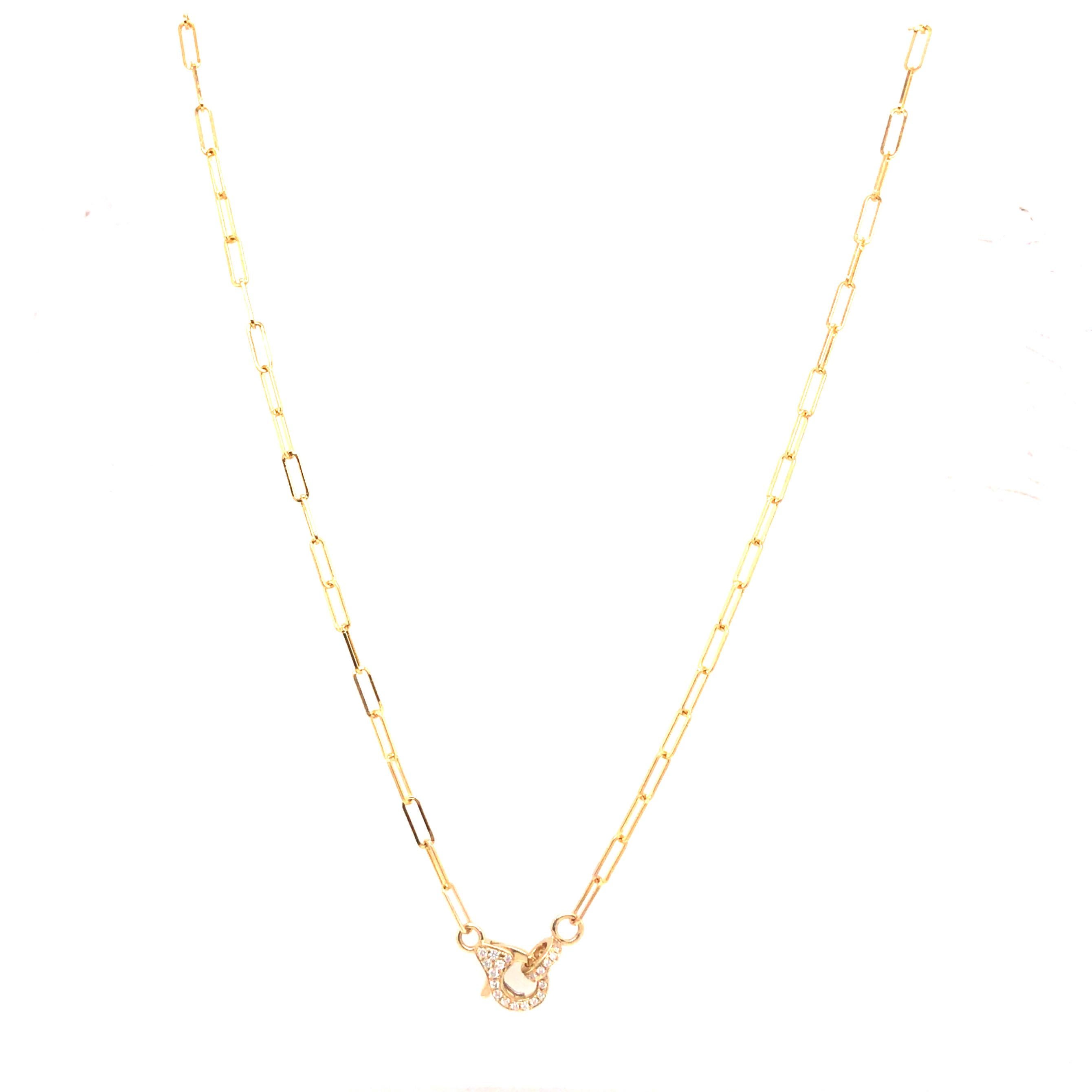 Round Cut 14K Paperclip Necklace with Pave Diamond Lobster Clasp Yellow Gold