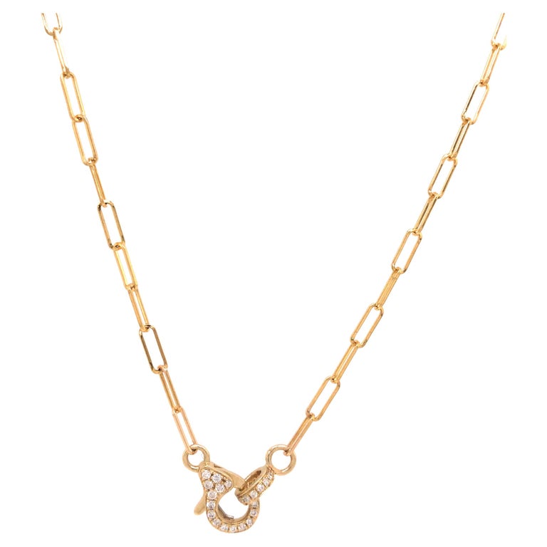 14K Paperclip Necklace with Pave Diamond Lobster Clasp Yellow Gold at