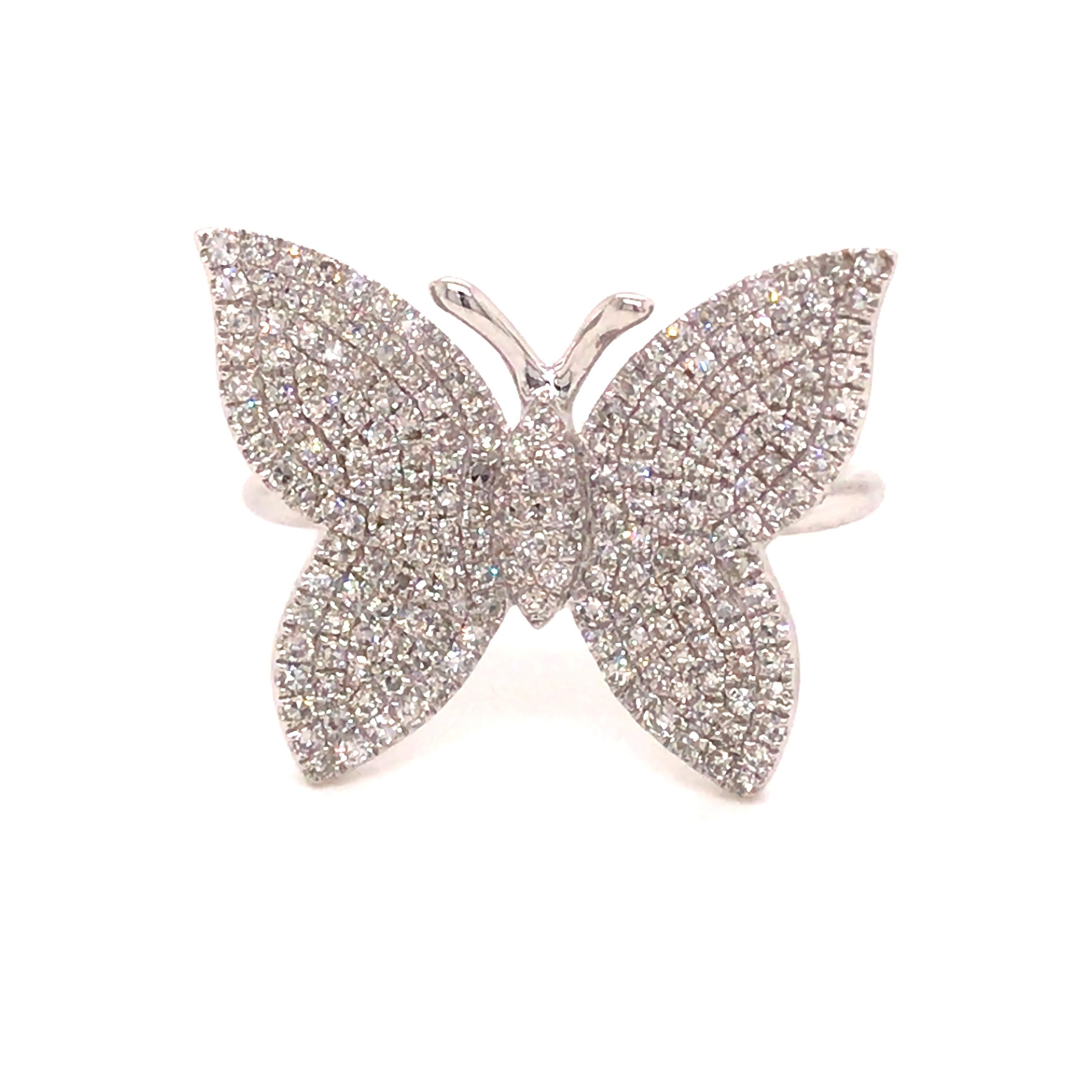 Pave Diamond Butterfly Ring in 14K White Gold.   Round Brilliant Cut Diamonds weighing 0.52 carat total weight, G-H in color and VS-SI in clarity are expertly set.  The Ring measures 3/4 inch in length and 5/8 inch in width.  Ring size 6 3/4.  4.33