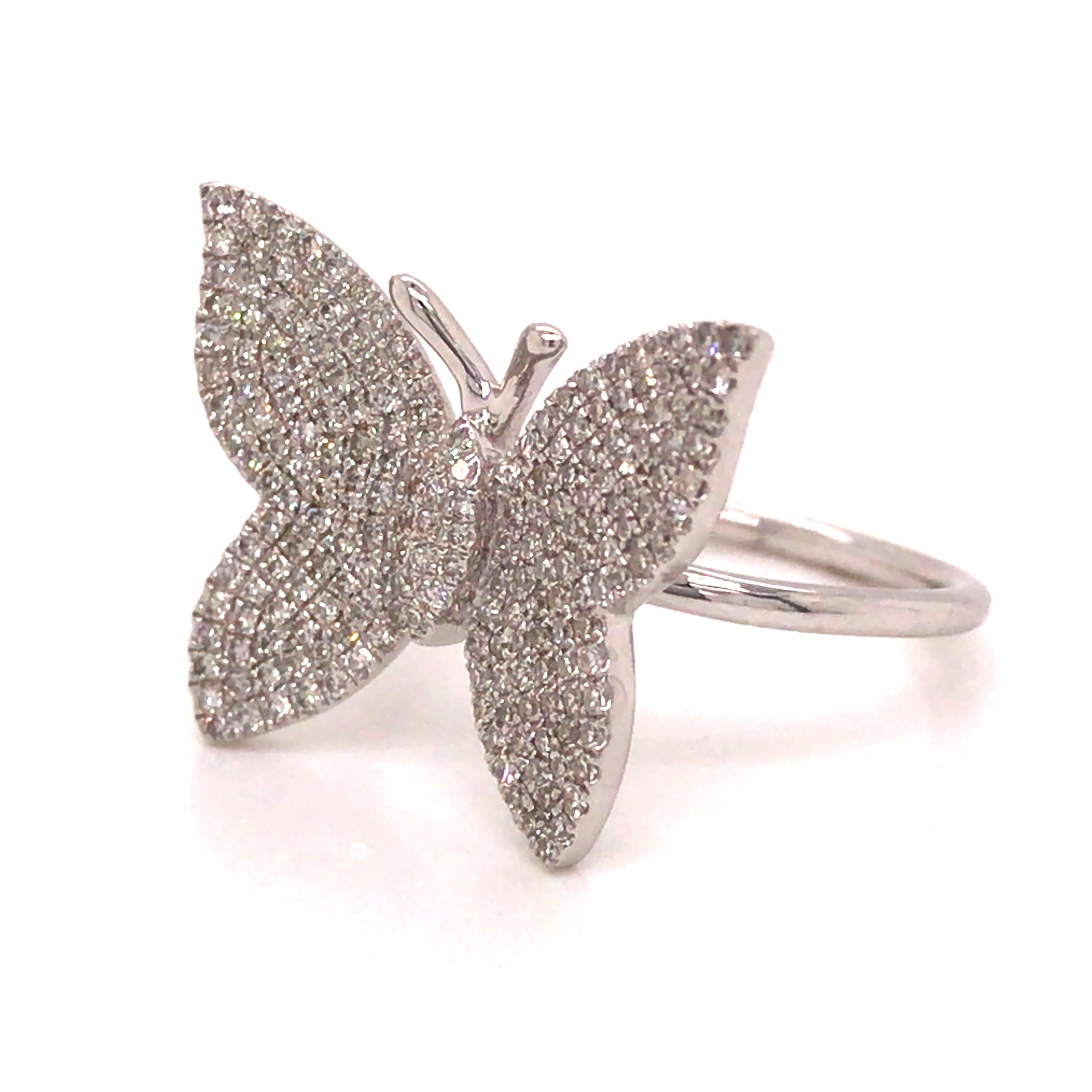 Round Cut 14K Pave Diamond Butterfly Ring White Gold For Sale