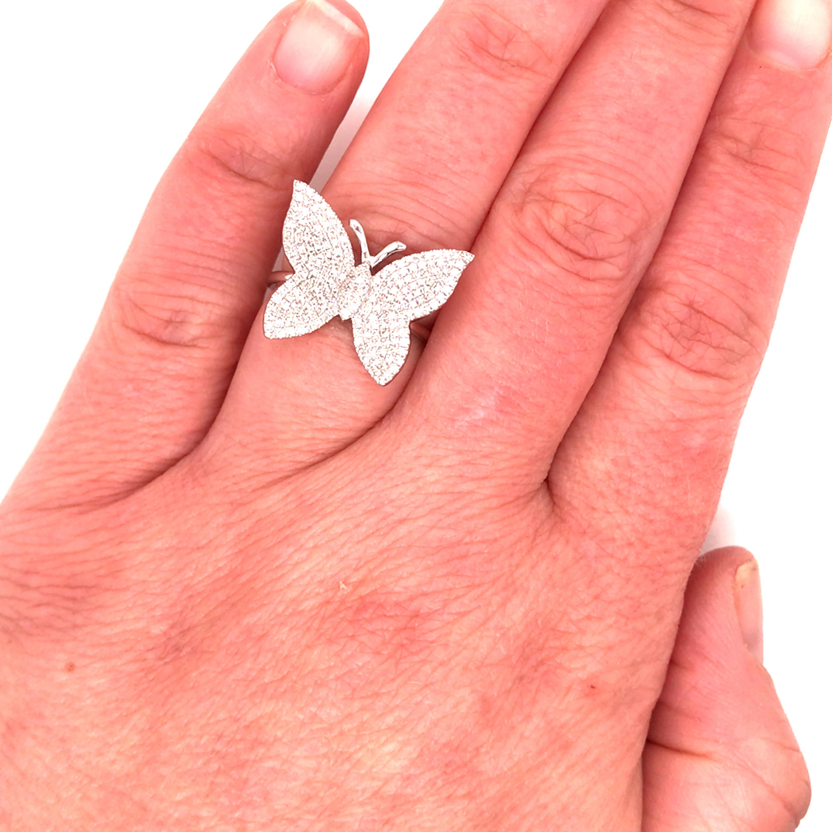 14K Pave Diamond Butterfly Ring White Gold For Sale 2