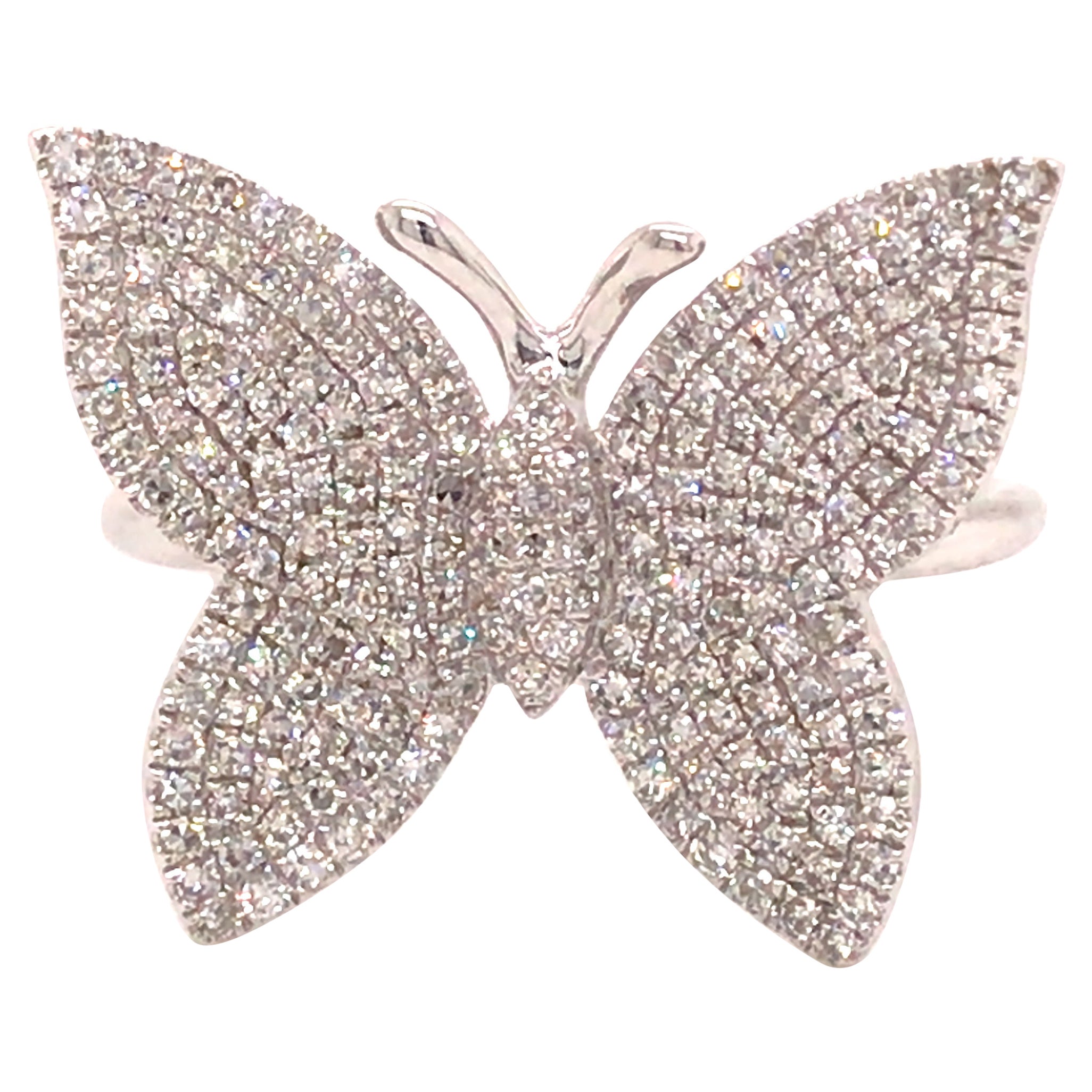 14K Pave Diamond Butterfly Ring White Gold For Sale