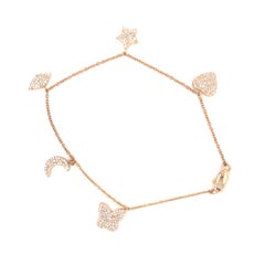 14K Pave Heart, Star, Marquise, Moon and Butterfly Charm Bracelet Yellow Gold