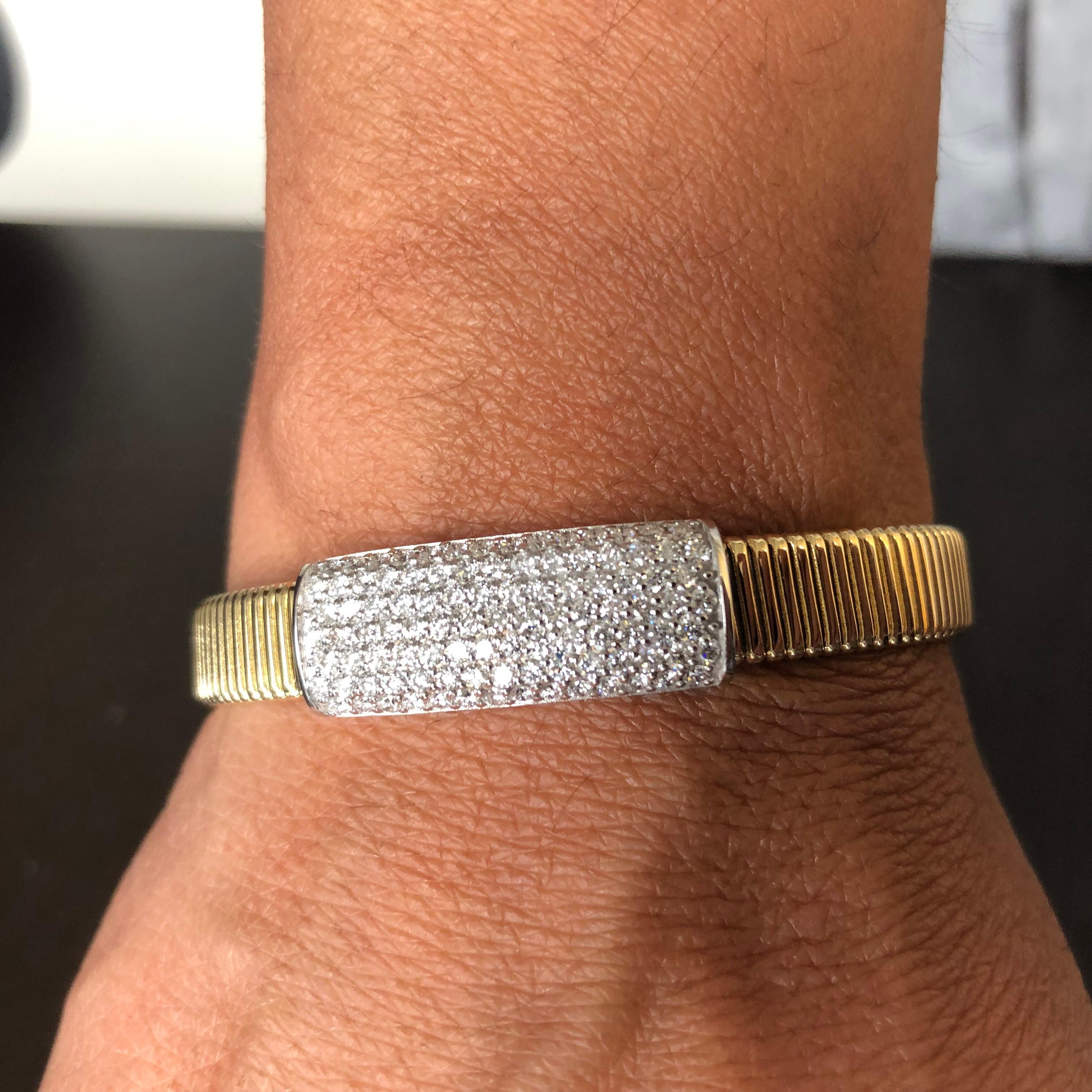 Round Cut 14 Karat Pave Yellow Flexible Bangle For Sale