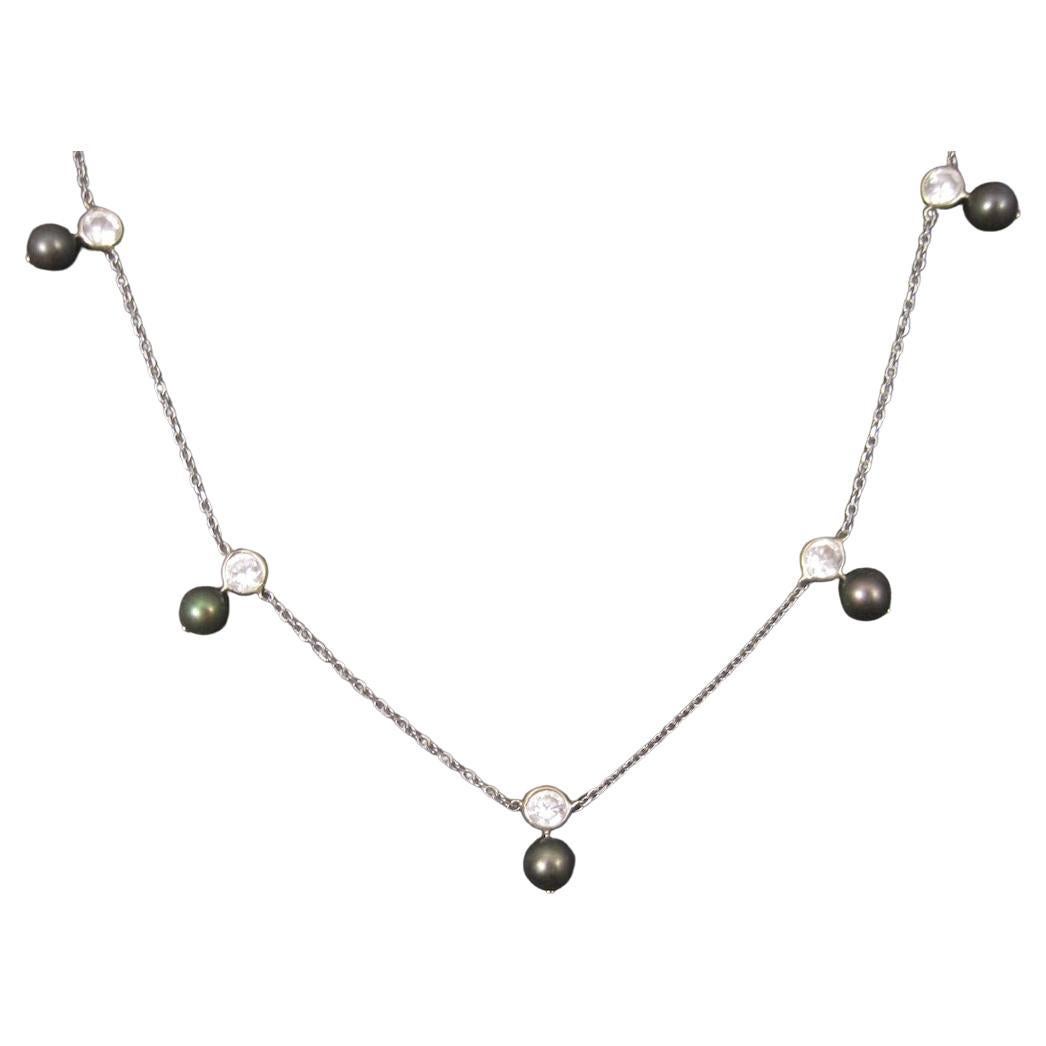 14K Peacock Pearl CZ Necklace 17 Inches For Sale