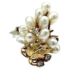 14K Pearl & .10 Carat Diamond Waterfall Cluster Ring 