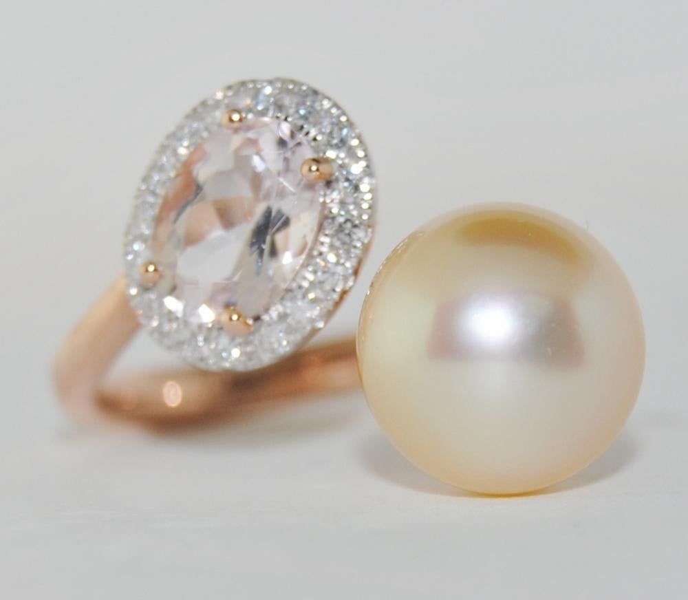 14K rose gold fashion ring featuring a 10mm cultured Pearl and an oval shape 0.97 carat Morganite with 0.22 carats round brilliant white diamonds.  New ring, size 7 