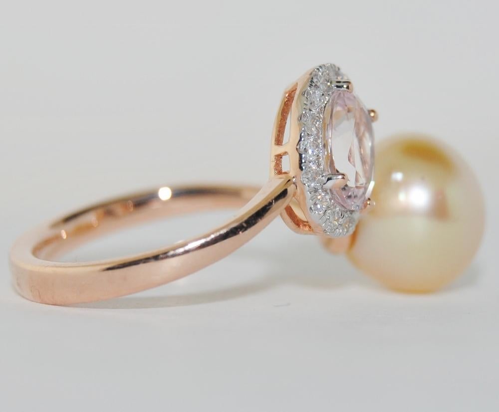 Contemporary 14 Karat Pearl and 0.97 Carat Morganite Diamond Ring For Sale