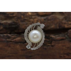 14k Pearl (8mm) and Diamond Solitaire ring. 14k White gold Filigree ring AKOYA