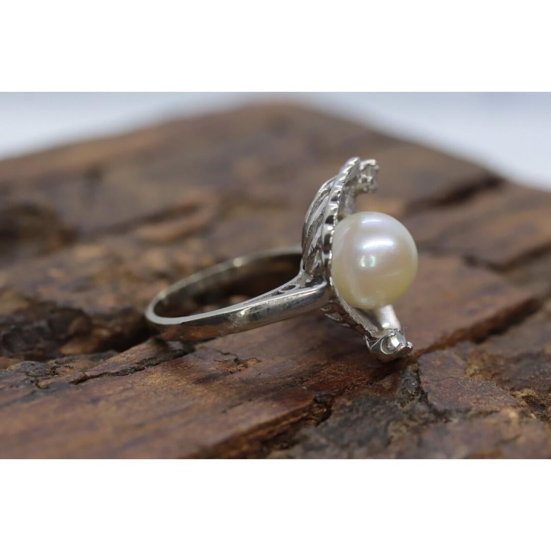 14k Perle (8 mm) und Diamant Solitär Ring. 14k Weißgold Filigraner Ring AKOYA im Angebot 2