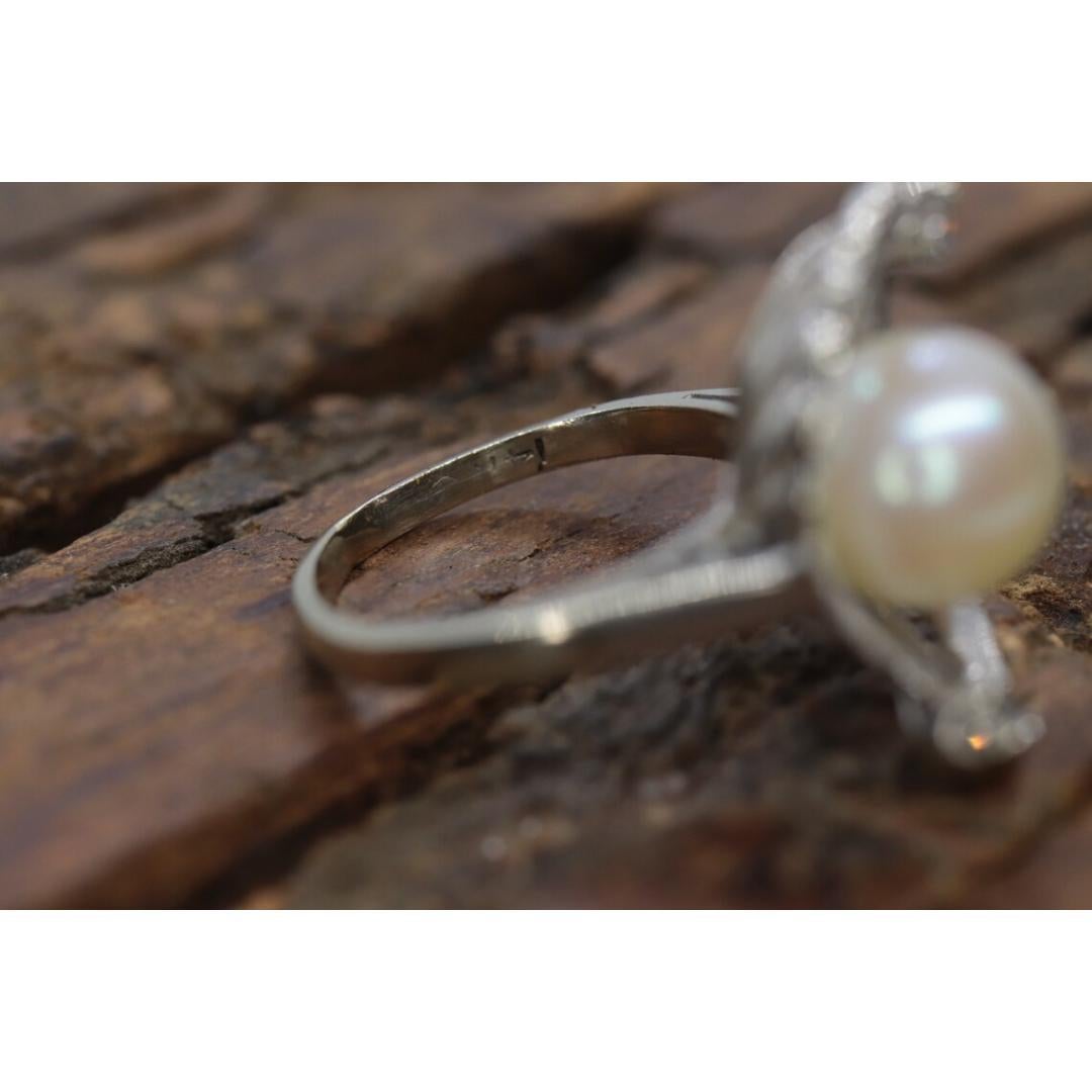 14k Perle (8 mm) und Diamant Solitär Ring. 14k Weißgold Filigraner Ring AKOYA im Angebot 3