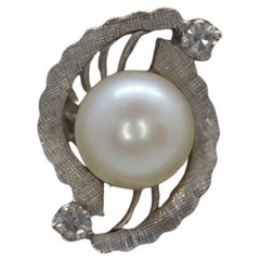 14k Pearl (8mm) and Diamond Solitaire ring. 14k White gold Filigree ring AKOYA