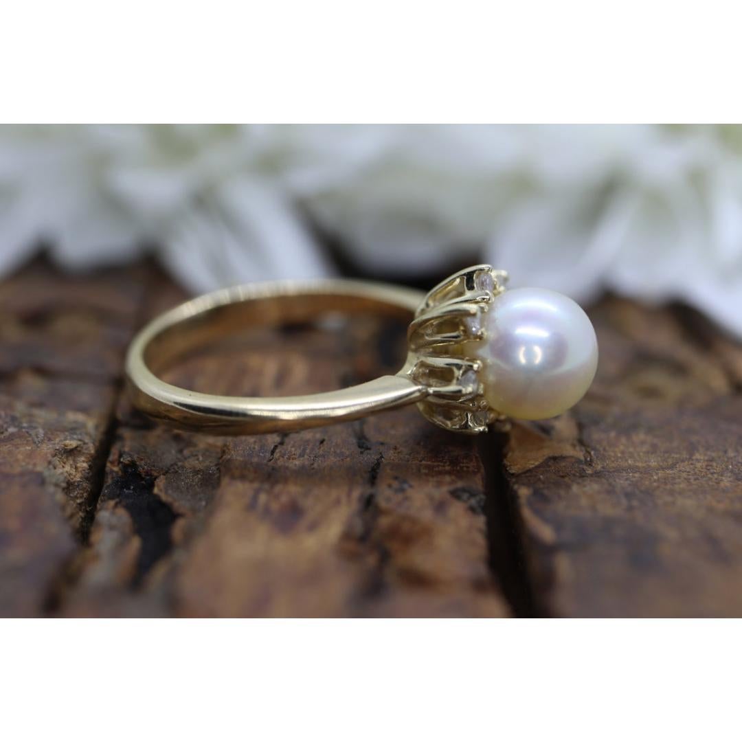 14k Pearl and Diamond Halo ring. 14k White gold Solitaire Halo ring with AKOYA For Sale 2