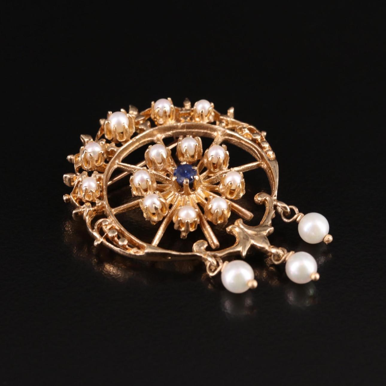 Round Cut 14K Pearl and Sapphire Brooch P-923CIA-N For Sale