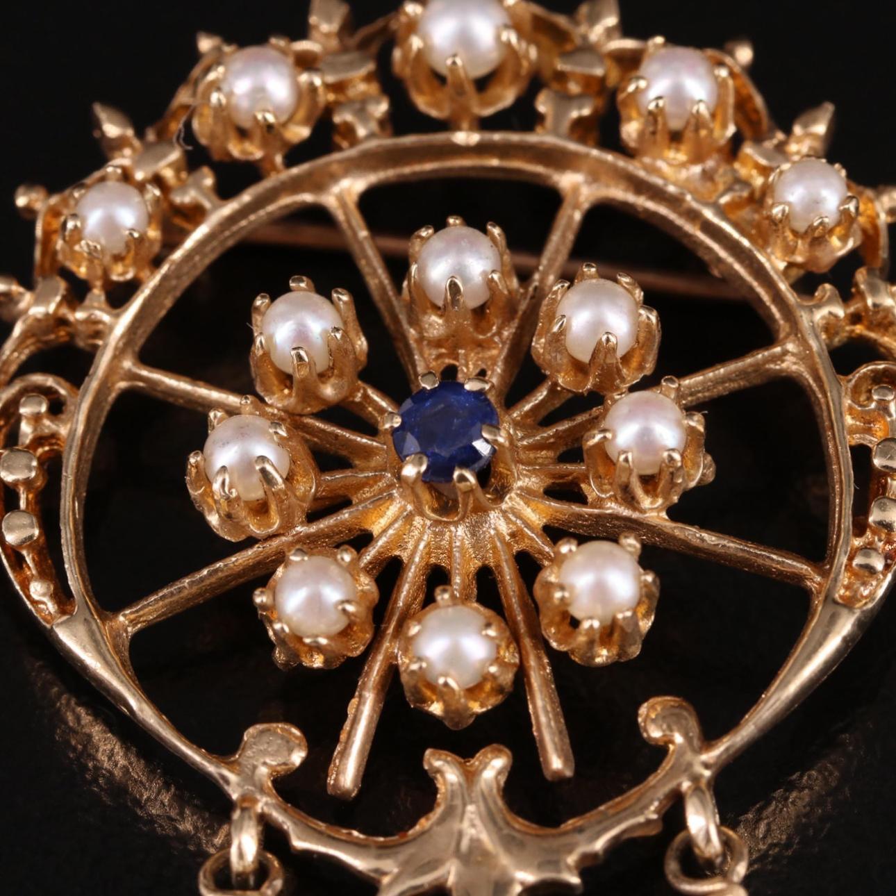 Women's 14K Pearl and Sapphire Brooch P-923CIA-N For Sale