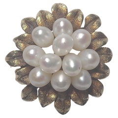 White Pearl Cluster Flower Bouquet Triple Split Cocktail Ring in 14k Yellow Gold