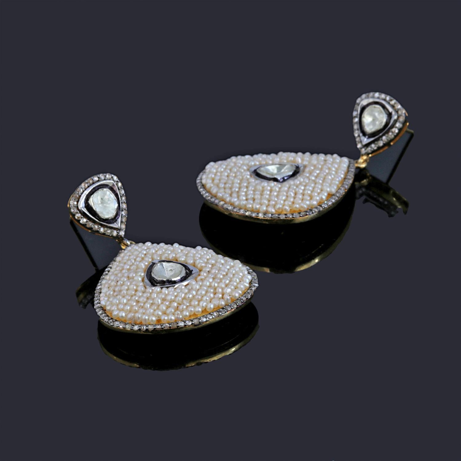 Women's 14k Pearl Drop Dangle Silver Earring with Diamond 2.40 carat