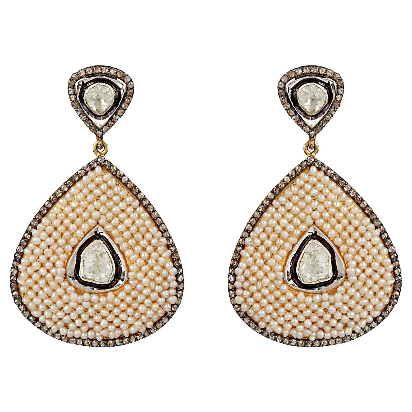 14k Pearl Drop Dangle Silver Earring with Diamond 2.40 carat
