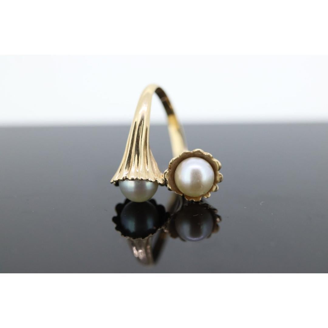 Women's 14k Pearl Wrap bypass ring. 14k Yellow gold Pearl FLUTE Funnel ring with AKOYA