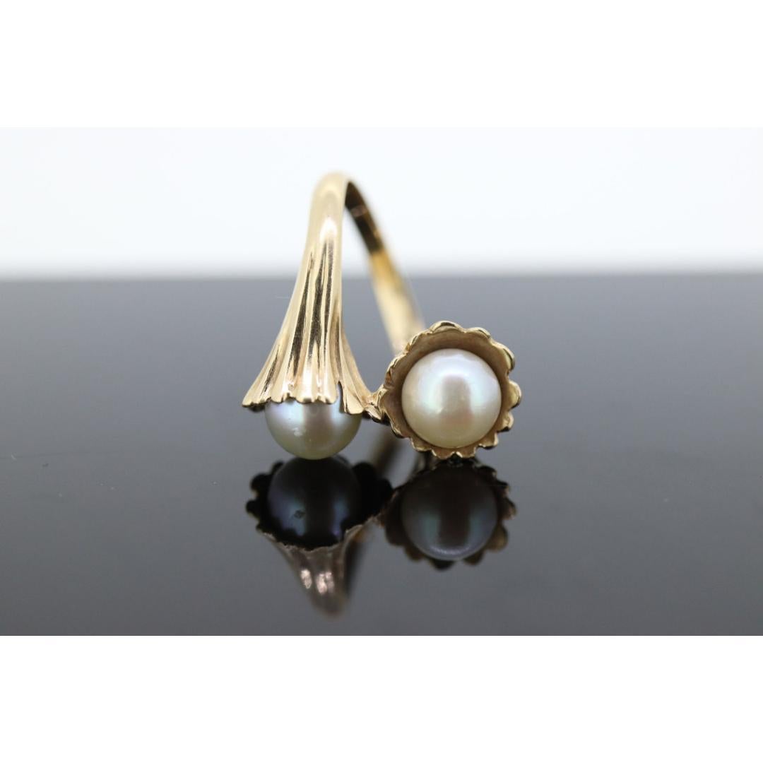 14k Pearl Wrap bypass ring. 14k Yellow gold Pearl FLUTE Funnel ring with AKOYA 2