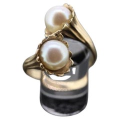 14k Pearl Wrap bypass ring. 14k Yellow gold Pearl FLUTE Funnel ring with AKOYA